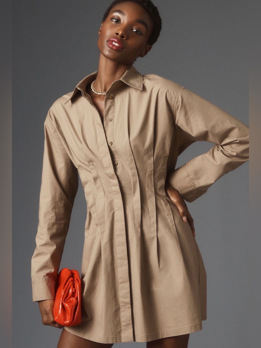 Anthropologie Pilcro Pintuck Mini Shirt Dress Khaki Tan Cotton Pleated Tailored